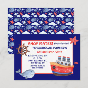 Cute Whale and Boat Birthday Party Invitation Kaart
