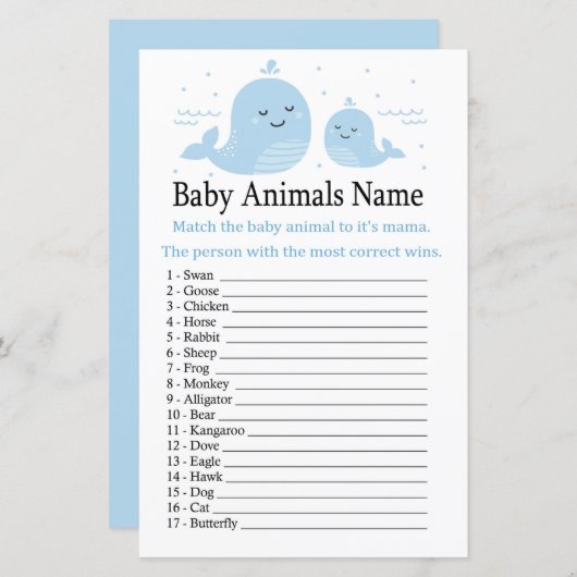 Cute Whale Baby Animals Name Game (Voorkant / Achterkant)