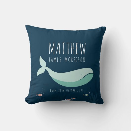 Cute Whale Baby Boy Birth Announding Pillow Kussen (Voorkant)
