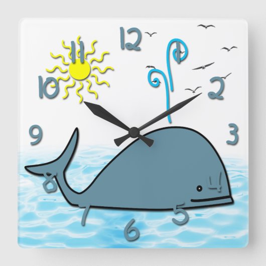 Cute Whale Kid's Square Wall Clock Vierkante Klok (Voorkant)