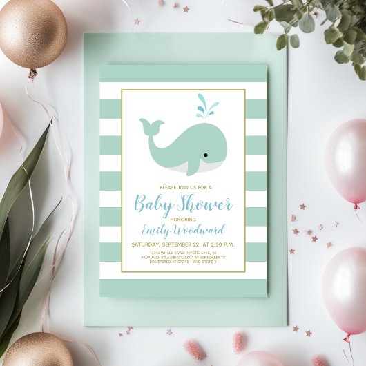 Cute Whale Mint Green Baby shower Invitation Kaart