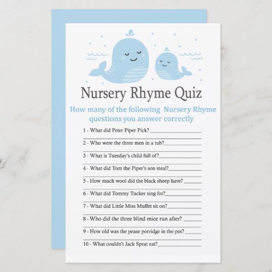 Cute Whale Nursery Rhyme Quiz baby shower game (Voorkant / Achterkant)