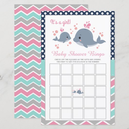 Cute Whale Shower Baby shower Bingo Game Kaart Gir (Voorkant / Achterkant)