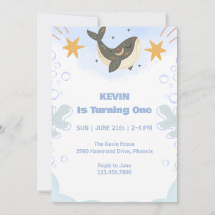 Cute Whale Theme First Birthday Invitation Kaart