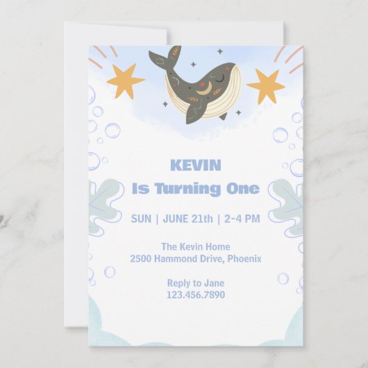Cute Whale Theme First Birthday Invitation Kaart (Voorkant)
