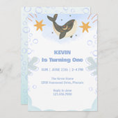 Cute Whale Theme First Birthday Invitation Kaart (Voorkant / Achterkant)