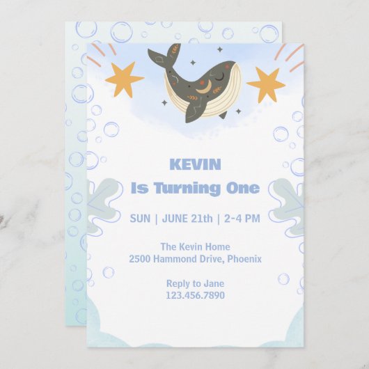 Cute Whale Theme First Birthday Invitation Kaart (Voorkant / Achterkant)