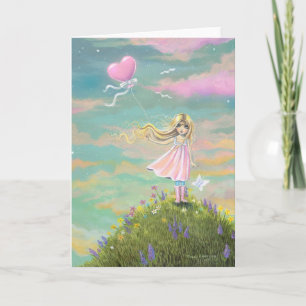 Cute Whimsical Art Girl met Heart Balloon Feestdagen Kaart