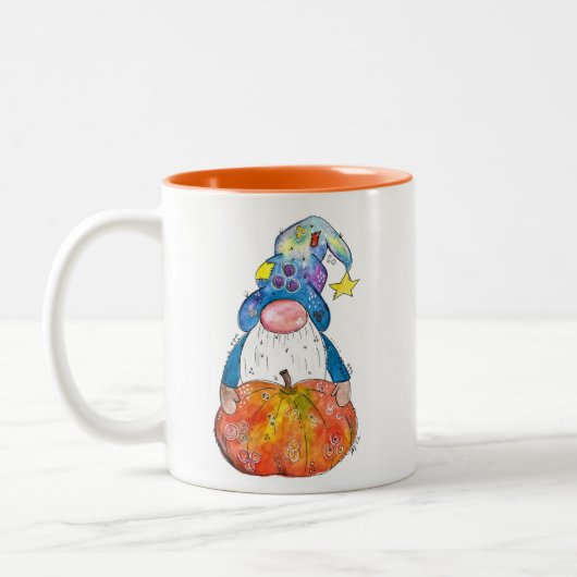 Cute Whimsical Autumn Gnome met Pumpkin Tweekleurige Koffiemok (Links)