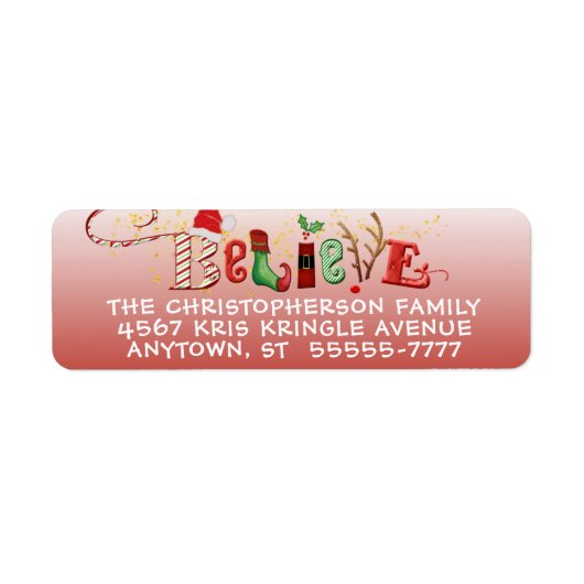 Cute Whimsical BELIEVE Red Ombre Etiket (Voorkant)