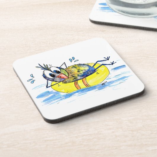 Cute Whimsical Bird op Float Bier Onderzetter (Linkerzijde)