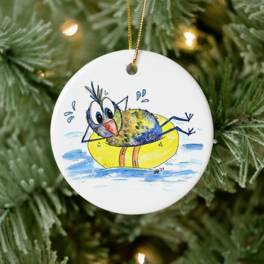 Cute Whimsical Bird op Float Keramisch Ornament (Boom)