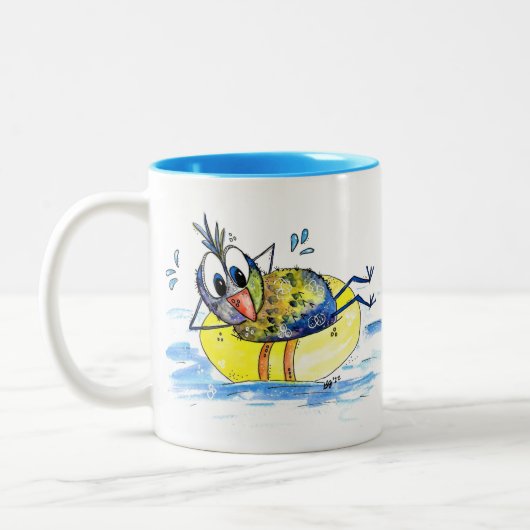 Cute Whimsical Bird op Float Tweekleurige Koffiemok (Links)