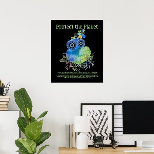 Cute Whimsical Bird, Protect the Planet, Earth Day Poster (Thuiskantoor)