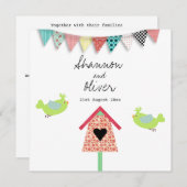 Cute Whimsical Birds and Birdhouse Wedding Invite Kaart (Voorkant / Achterkant)