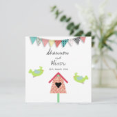 Cute Whimsical Birds and Birdhouse Wedding Invite Kaart (Staand voorkant)