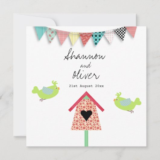Cute Whimsical Birds and Birdhouse Wedding Invite Kaart (Voorkant)