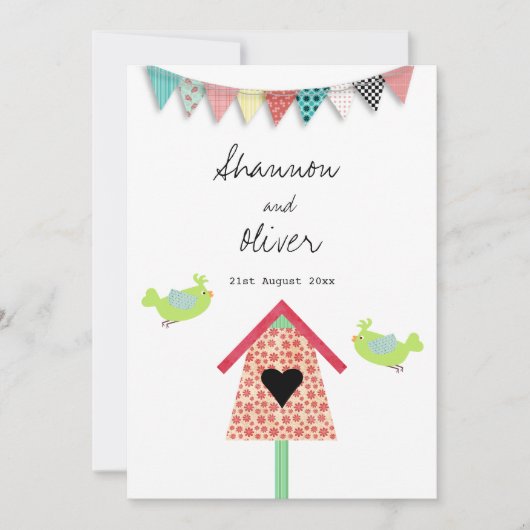 Cute Whimsical Birds and Birdhouse Wedding Invite Kaart (Voorkant)