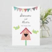 Cute Whimsical Birds and Birdhouse Wedding Invite Kaart (Staand voorkant)