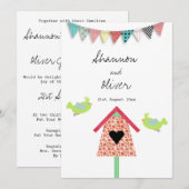 Cute Whimsical Birds and Birdhouse Wedding Invite Kaart (Voorkant / Achterkant)