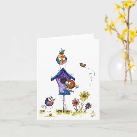 Cute Whimsical Birds in een Birdhouse Kaart (Gele Bloem)