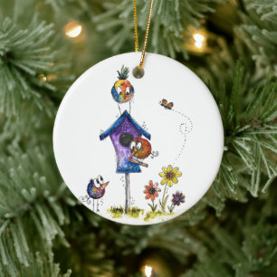 Cute Whimsical Birds in een Birdhouse Keramisch Ornament