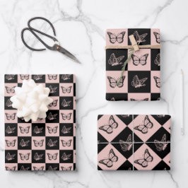 Cute Whimsical Black and Pink Butterfly Patroon Inpakpapier Vel