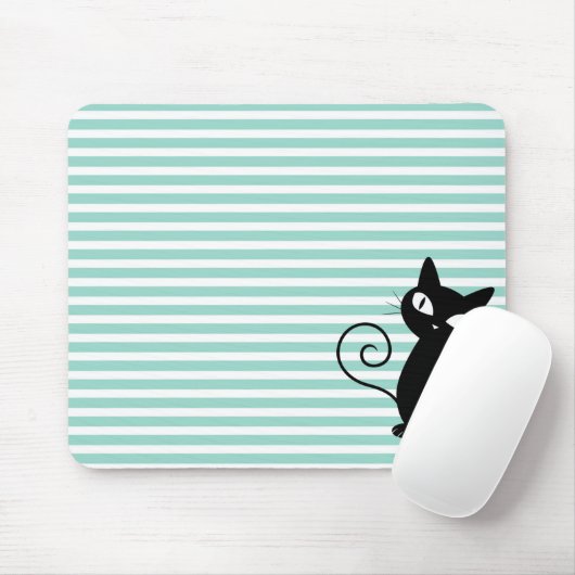 Cute Whimsical Black Cat op Stripes Muismat (Met muis)