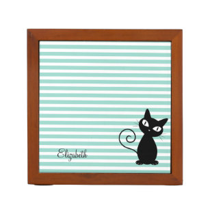 Cute Whimsical Black Cat op Stripes-Personalized Pennenhouder