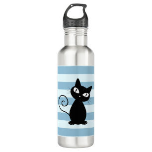 Cute Whimsical Black Cat op Stripes Waterfles