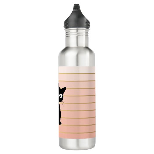 Cute Whimsical Black Cat op Stripes Waterfles (Rechts)