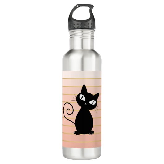 Cute Whimsical Black Cat op Stripes Waterfles (Voorkant)