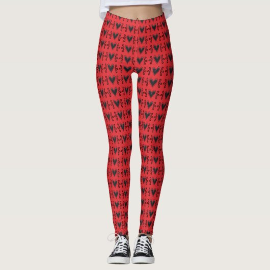 Cute Whimsical Black Heats Red Girly Glam Leggings (Voorkant)