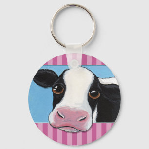 Cute Whimsical Black & White Cow met roze streep Sleutelhanger