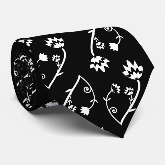 Cute Whimsical Black White Folk Floral Pattern Stropdas (Opgerold)
