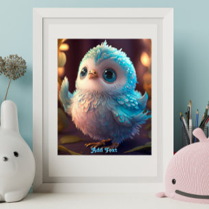 Cute Whimsical Blue Bird Glitter Feathers Nursery Poster