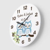 Cute Whimsical Blue Boy Owl Twins Wall Clock Grote Klok (Hoek)