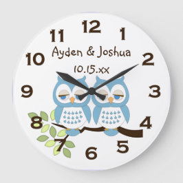 Cute Whimsical Blue Boy Owl Twins Wall Clock Grote Klok