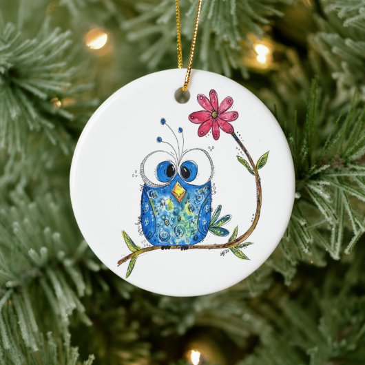 Cute Whimsical Blue Owl Keramisch Ornament (Boom)