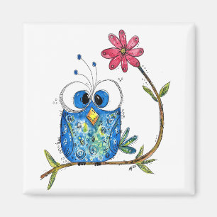 Cute Whimsical Blue Owl Magneet