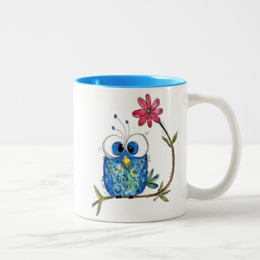 Cute Whimsical Blue Owl Tweekleurige Koffiemok (Rechts)