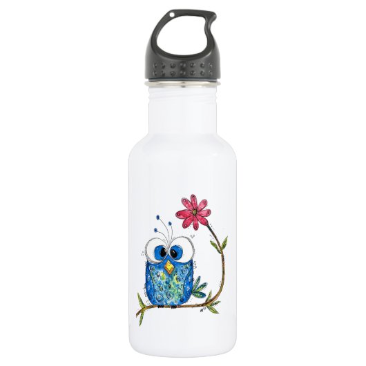 Cute Whimsical Blue Owl Waterfles (Voorkant)