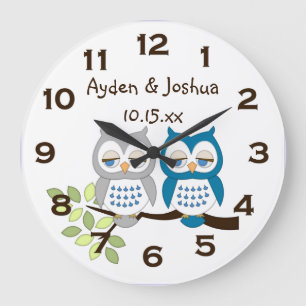 Cute Whimsical Boy Owl Twins Wall Clock Grote Klok