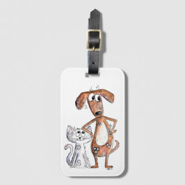 Cute Whimsical Brown Dog en Grey Cat Bagagelabel