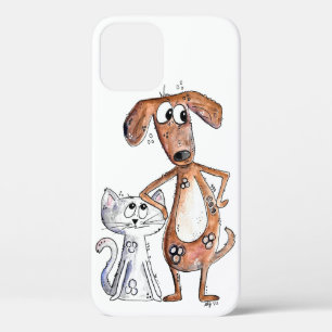 Cute Whimsical Brown Dog en Grey Cat Case-Mate iPhone Case