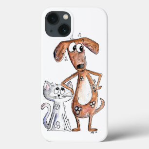 Cute Whimsical Brown Dog en Grey Cat Case-Mate iPhone Case