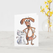 Cute Whimsical Brown Dog en Grey Cat Kaart (Gele Bloem)