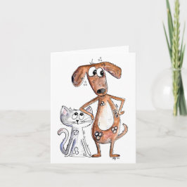Cute Whimsical Brown Dog en Grey Cat Kaart