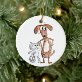 Cute Whimsical Brown Dog en Grey Cat Keramisch Ornament