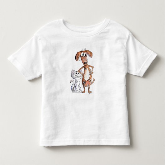 Cute Whimsical Brown Dog en Grey Cat Kinder Shirts (Voorkant)